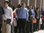 A line of jobseekers outside Monster.com job fair in Los Angeles