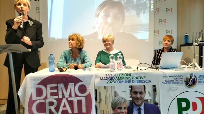 Conferenza Donne democratiche Brescia 20 maggio 2023 Laura Castelletti, Diana De Marchi, Leila Moreschi, Miriam Cominelli e da remoto Cecilia D’Elia